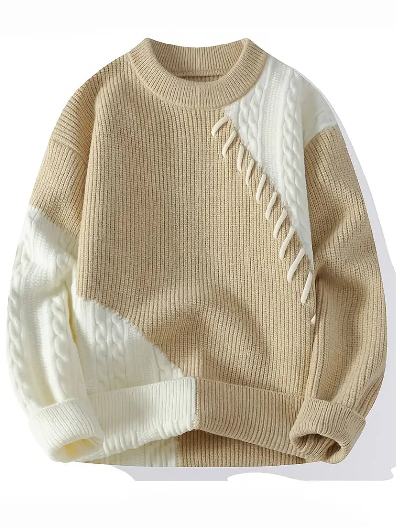 Fourlayer™ Two-Tone Patchwork Knitted Sweater – Beige & Ivory