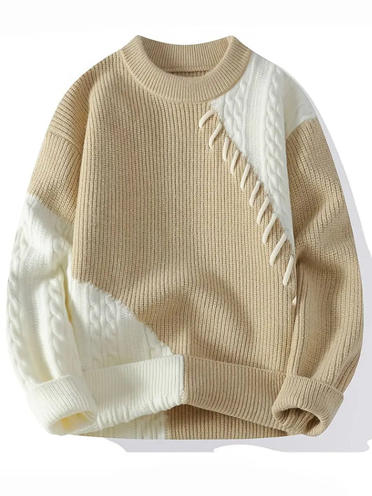 Fourlayer™ Two-Tone Patchwork Knitted Sweater – Beige & Ivory
