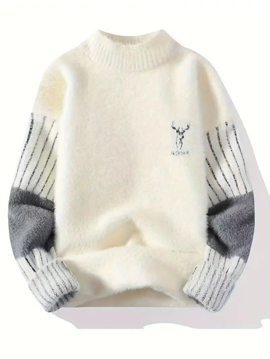 Fourlayer™ Deer Embroidered Knitted Sweater – Cream & Gray